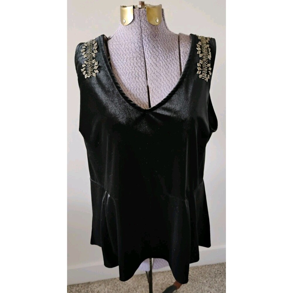 Lane Bryant Black Velvet Top Blouse Womens 18/20 Beaded V Neck Peplum Sleeveless